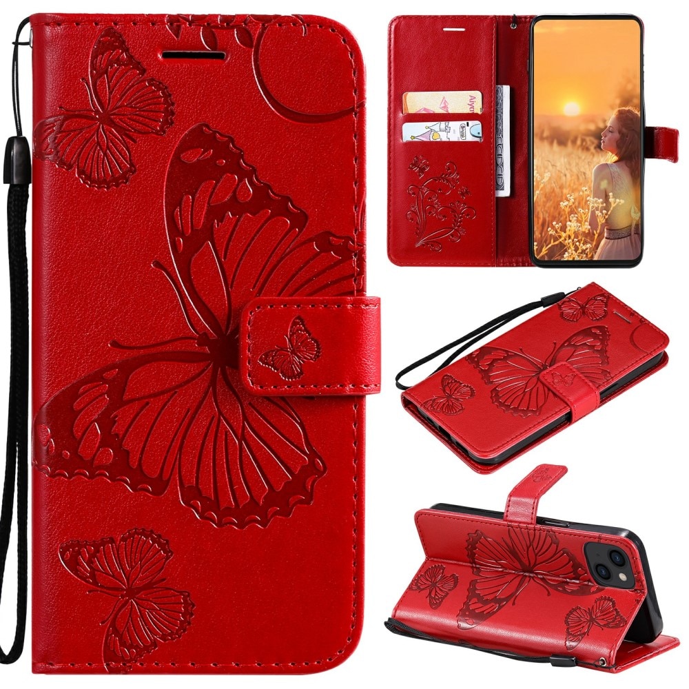 Funda de Cuero con Mariposas iPhone 13 Mini, Rojo