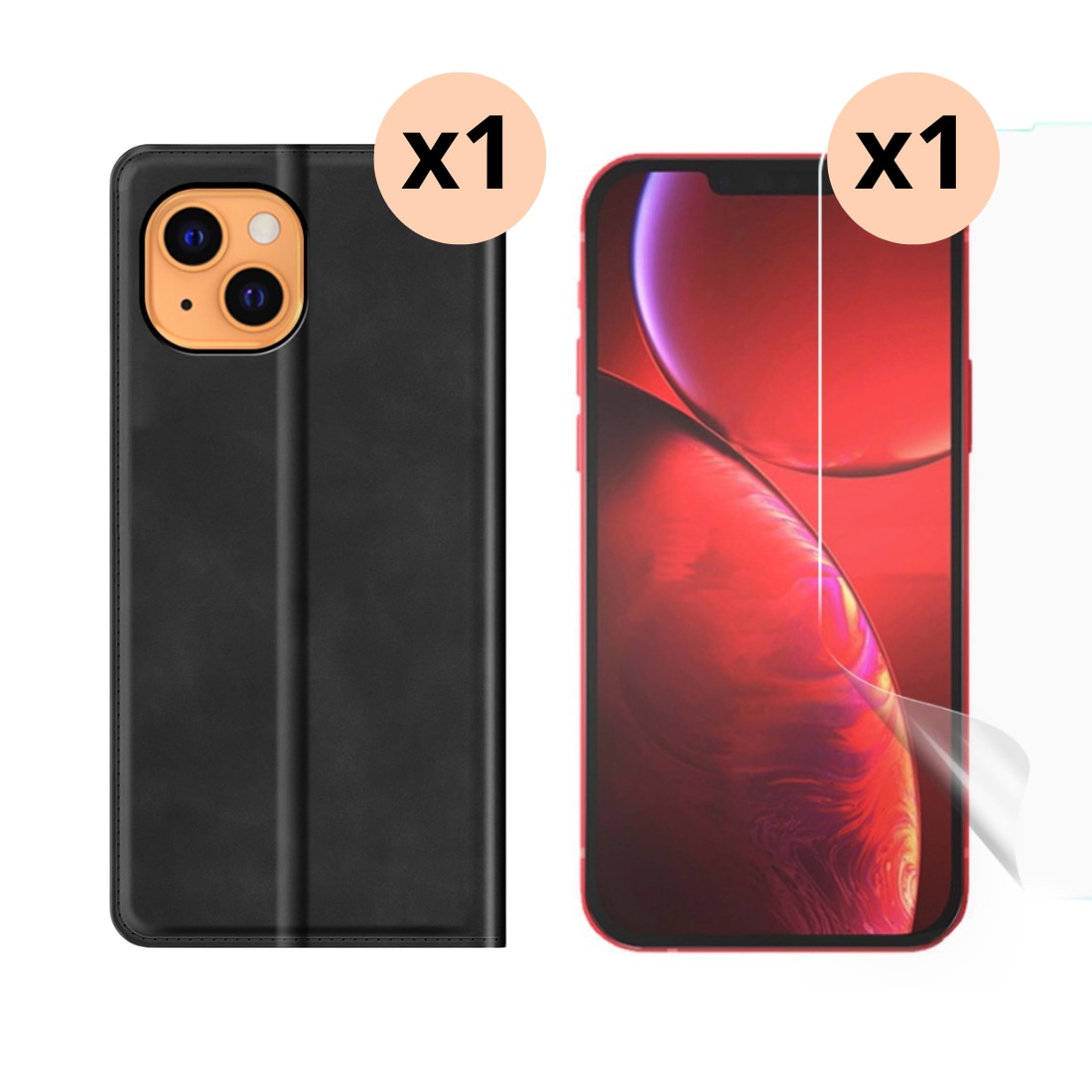 Kit para iPhone 13 : Funda cartera Delgada y protector de pantalla